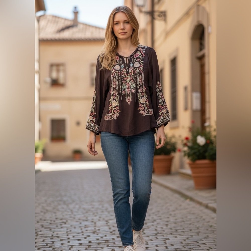 JOHNNY WAS dark brown, heavy floral embroidery, size S top, BOHO CHIC